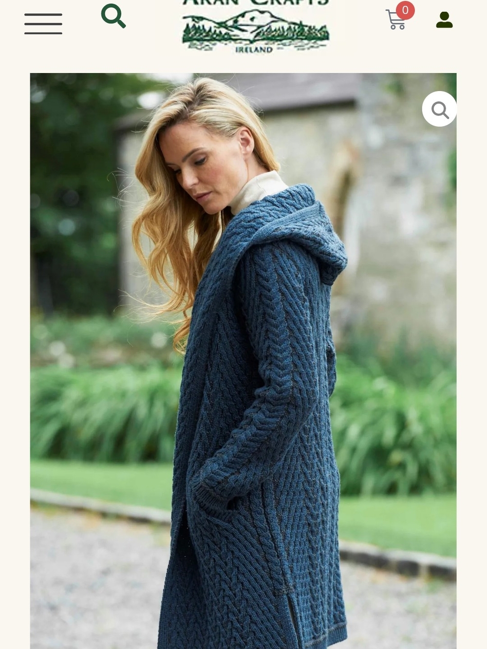 Aran Crafts Women's Hooded Cable-Knit Sweater Coat in Denim Blue